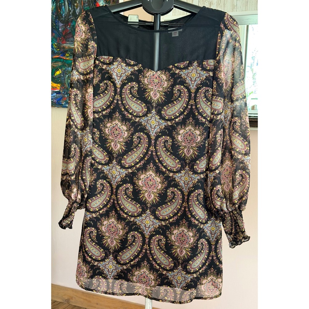 Xhilaration Black Paisley Chiffon Mini Dress Sheer Long Sleeve Dark Academia M